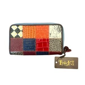 Treska Patchwork Billfold Wristlet Faux Leather Zip Closure Multicolor NWT